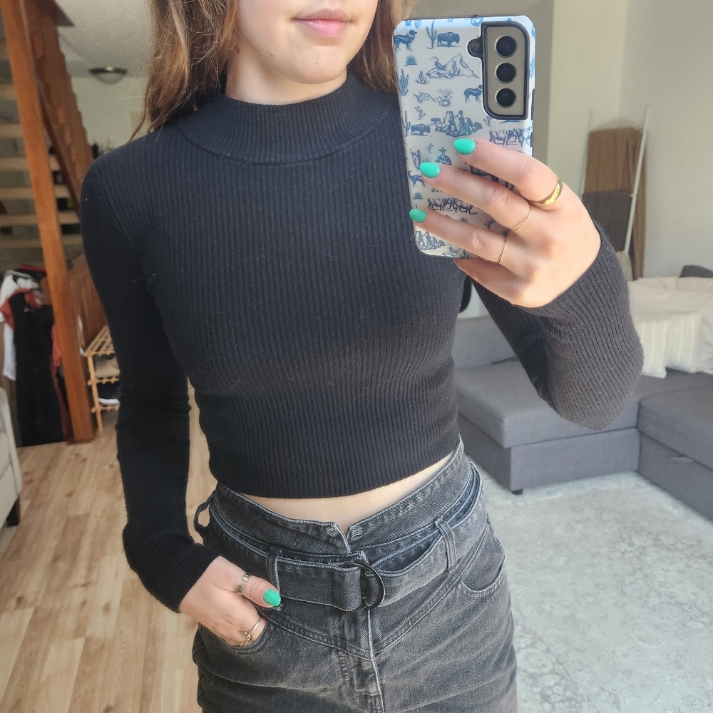 Express Ribbed Mock Neck Long Sleeve Sweater - Black
